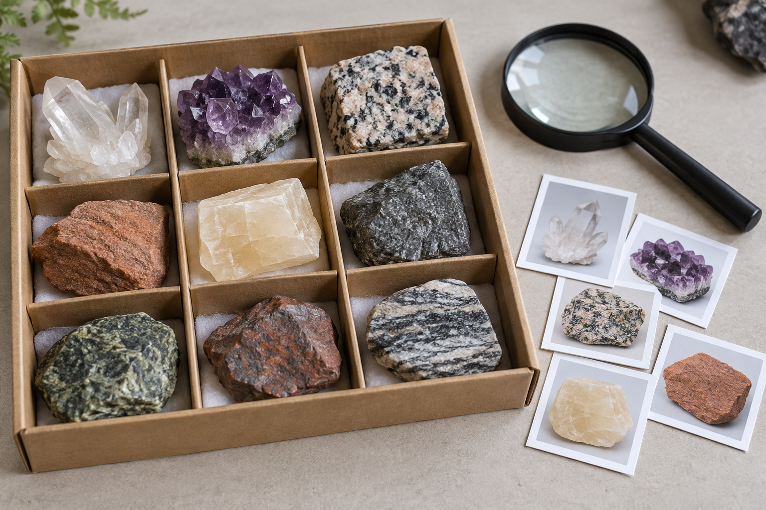 Natural rock and mineral specimens arranged in a geology kit tray