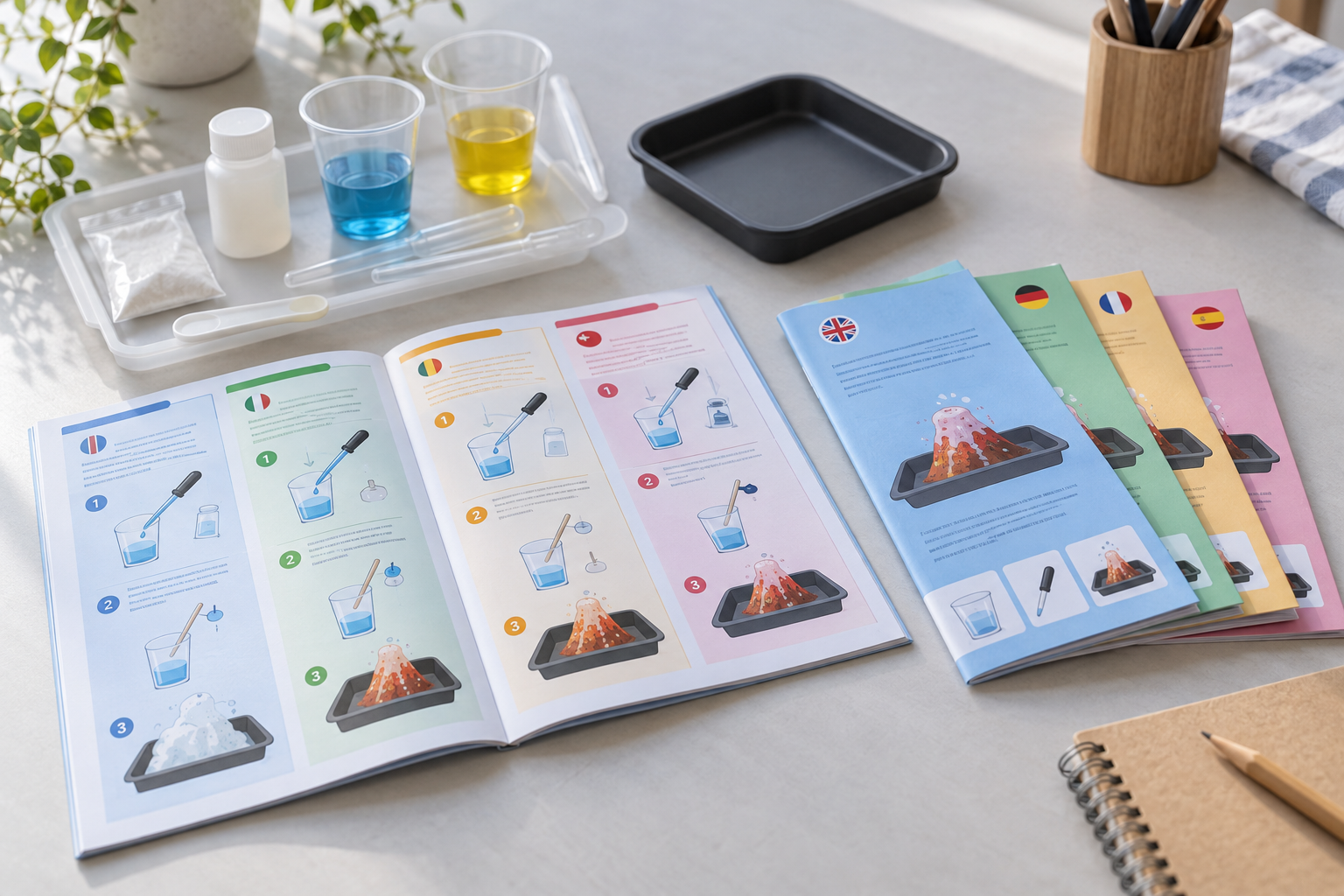 Multilingual instruction booklet and separate language manuals beside a science kit