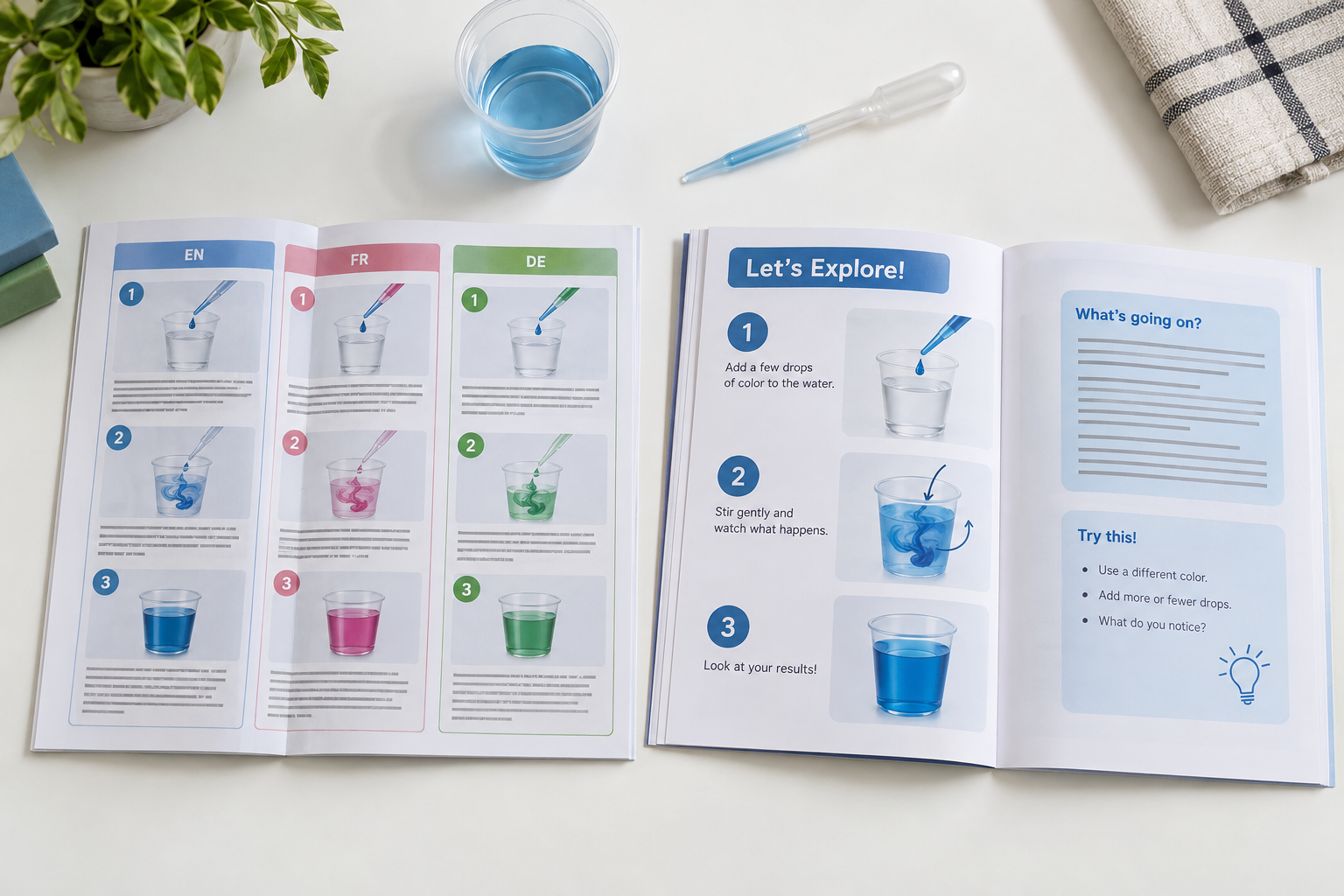 Multilingual and separate science kit instruction booklet layouts compared