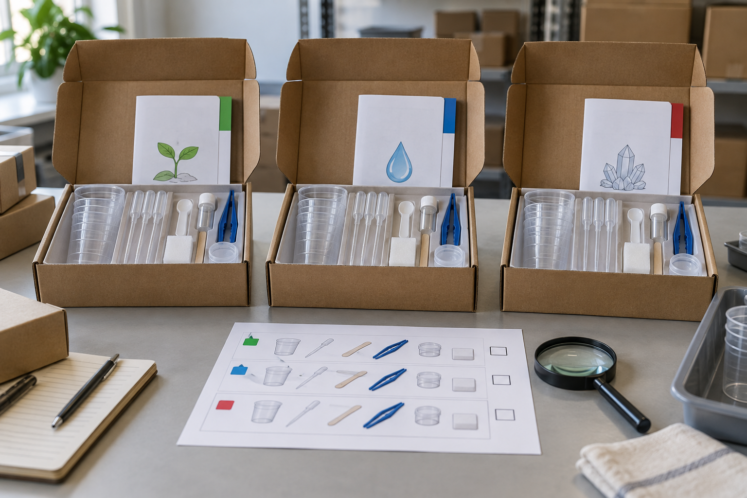 Science kit sample boxes with different instruction booklet versions for market checks