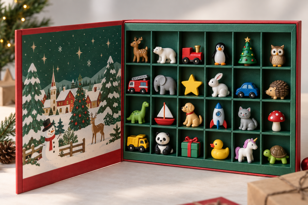 Custom toy advent calendar with varied toys arranged in 24 compartments