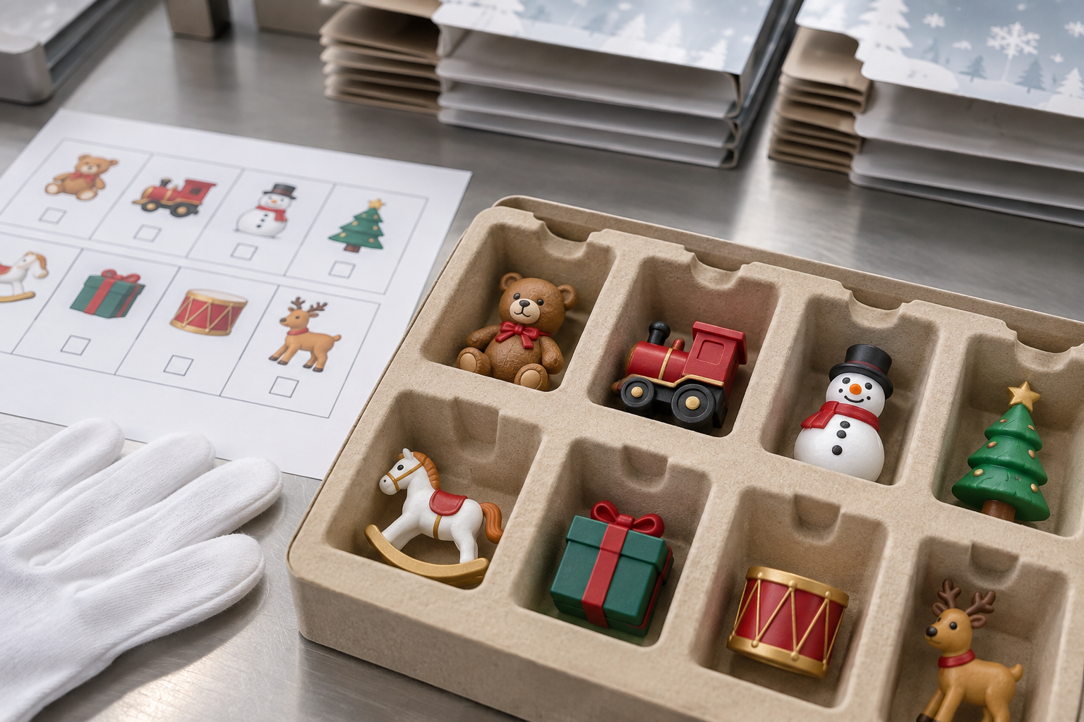 Open toy advent calendar trays checked for complete and correct packing