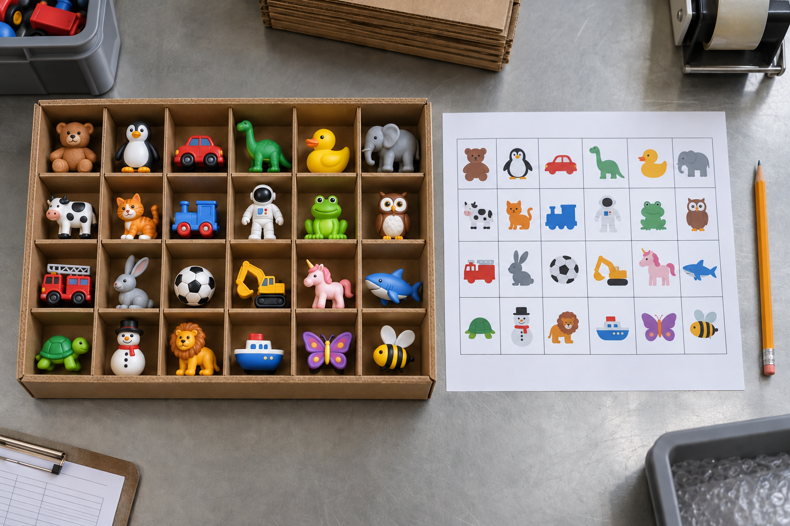Toy advent calendar tray with one toy per compartment and an illustrated packing map
